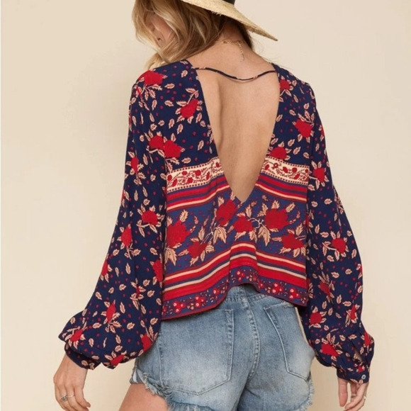 Faithfull the Brand Tops - Faithfull The Brand Bohemian Hippie Open Back Long Sleeve Blouse Border Print